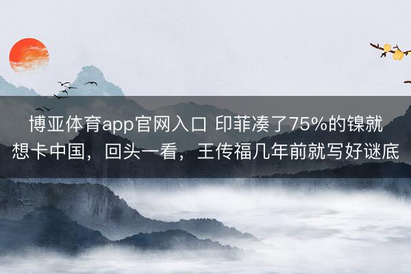 博亚体育app官网入口 印菲凑了75%的镍就想卡中国，回头一看，王传福几年前就写好谜底